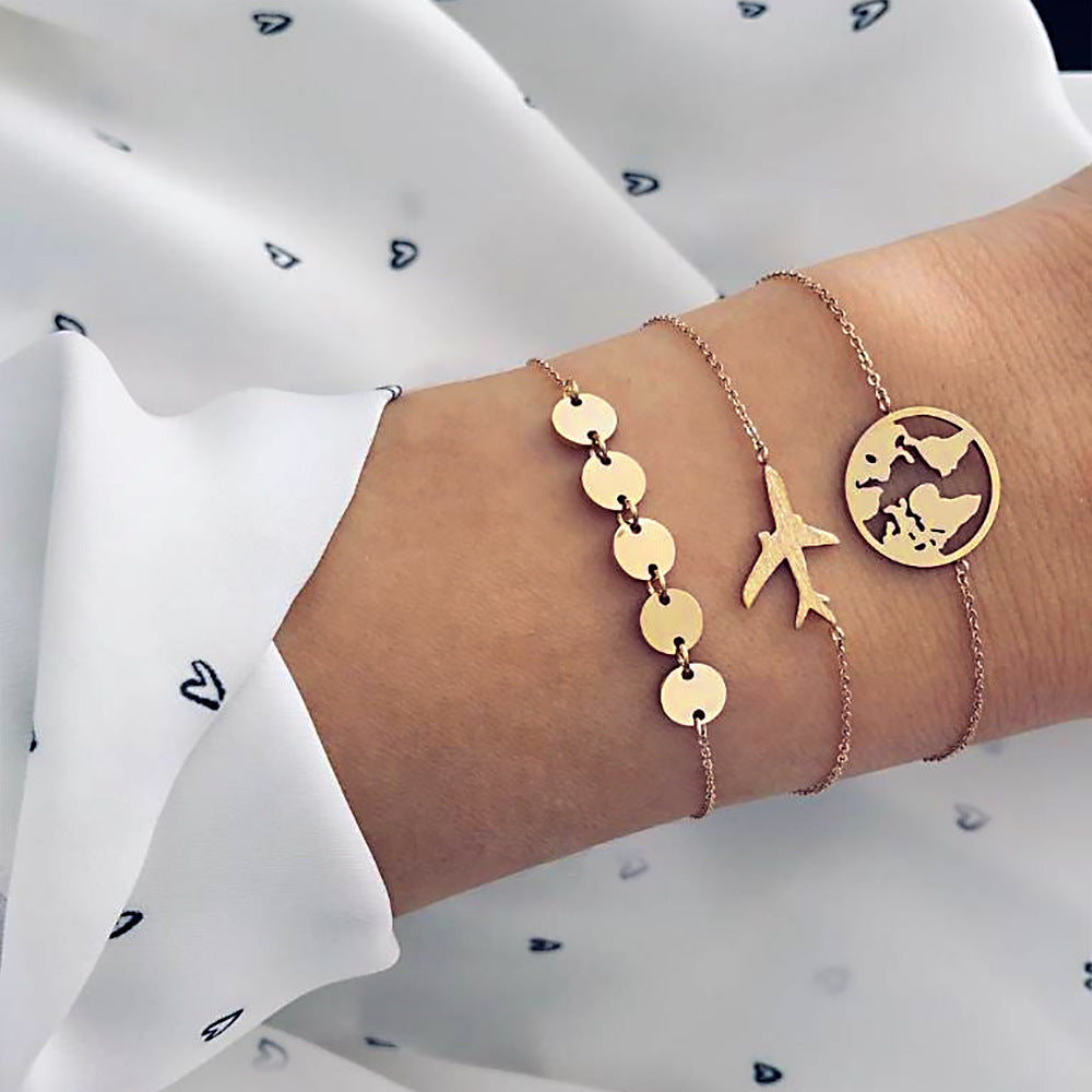 Bohemian Aircraft Map Charm Bracelet Set – 3 Pieces for Women