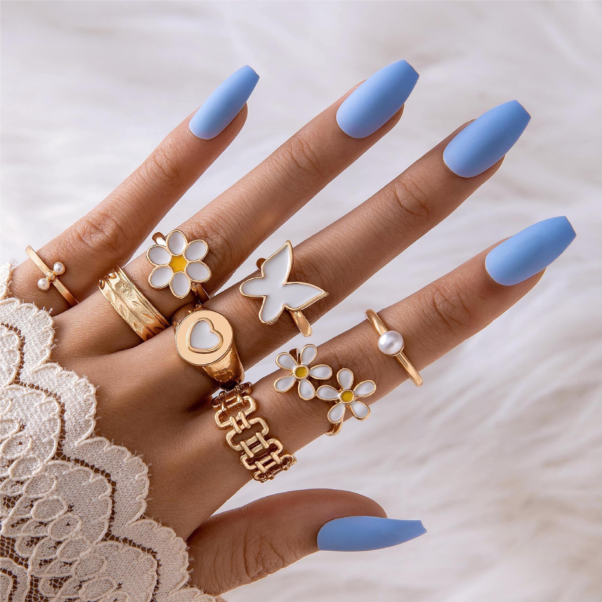 European & American Love Oil Drip Ring Set – Six-Piece Geometric Flower Rings