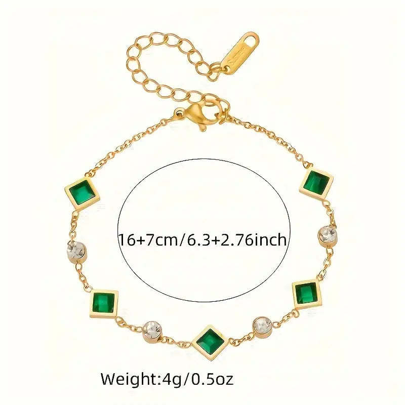 Fashion Gold-Plated Titanium Steel Bracelet with Square Emerald and Rhinestones